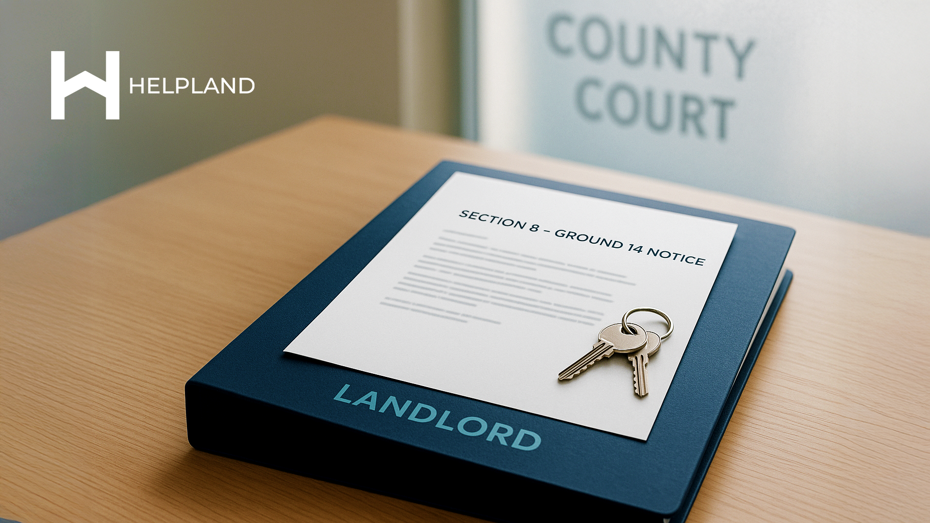 A section 8 notice sat on a blue folder, on a wooden table in a country court 