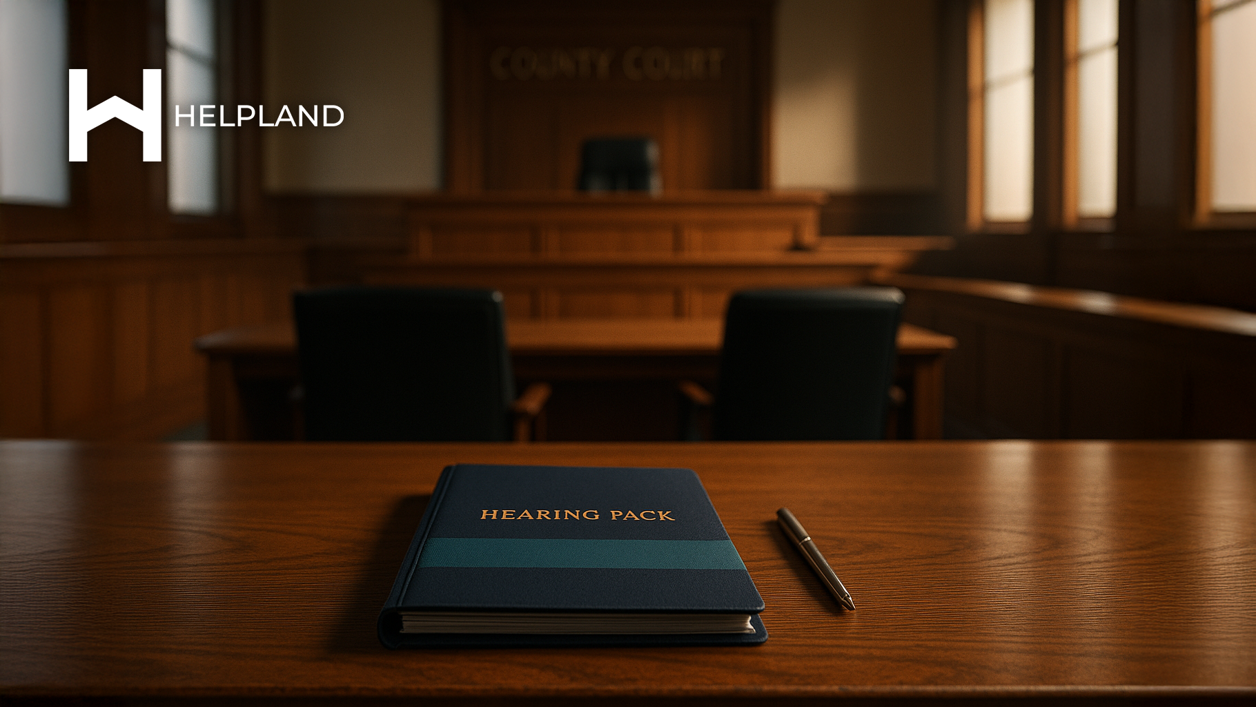 A hearing pack on the desk of a court room