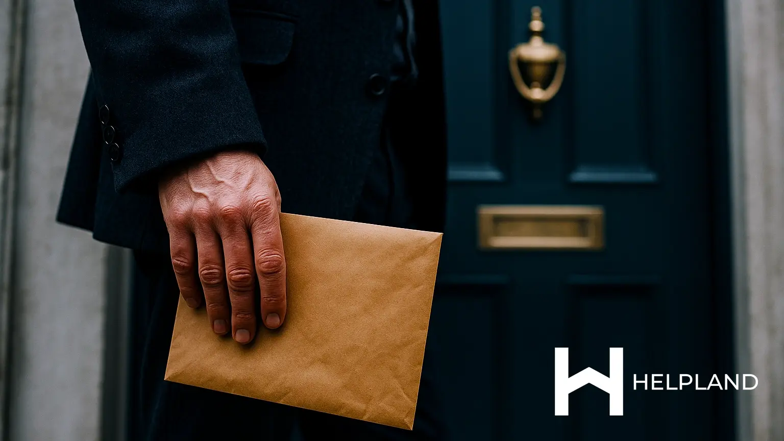 Speed up evictions with High Court enforcement. Avoid 12-week bailiff delays, cut losses, and reclaim control faster—Helpland handles it allstood in front of a dark green front door.