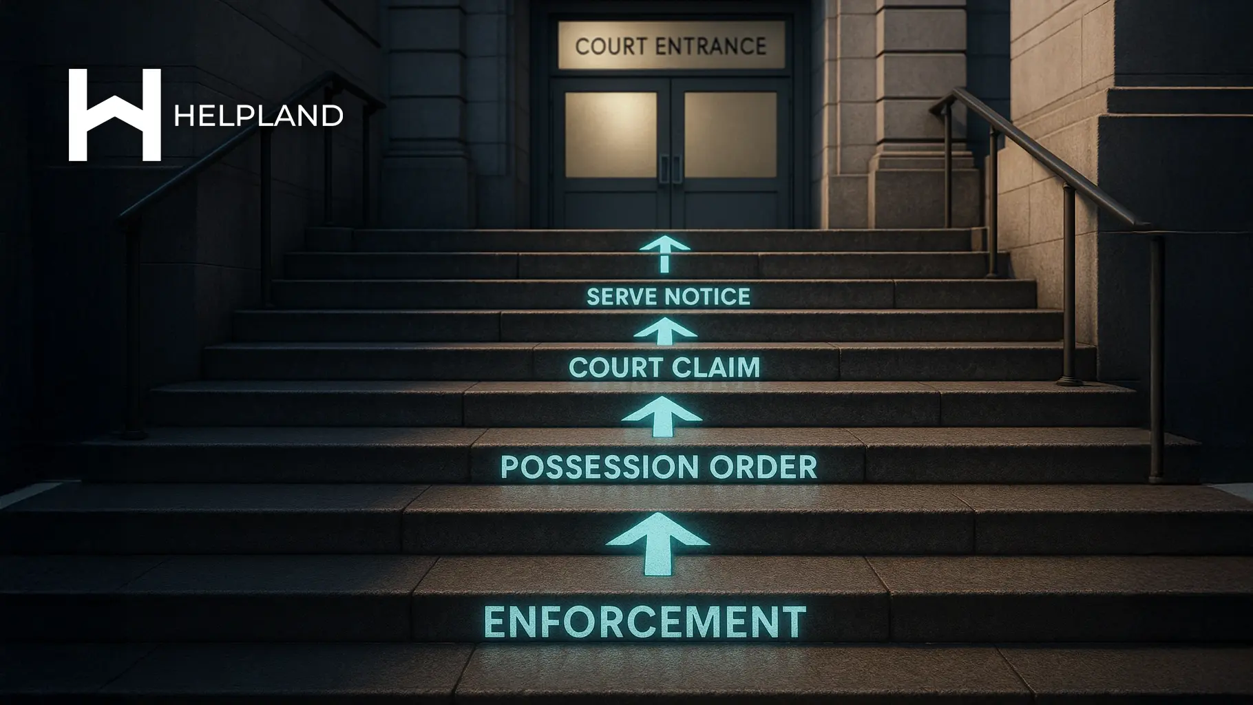 Staircase entrance to a court room, with each step displaying a different stage of the eviction process 