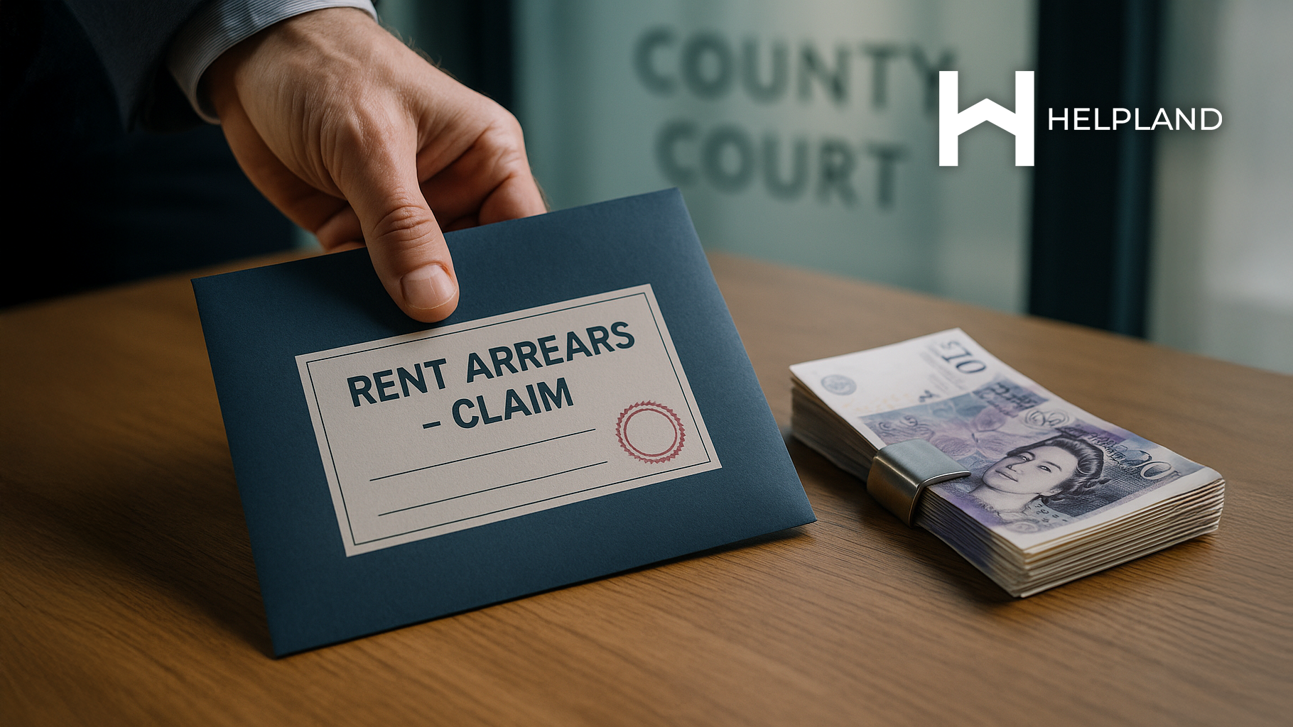 A male hand holding a blue envelope labelled 'Rent Arrears Claim', beside that is a stack of £20 notes, in the background a county court sign is visibe.