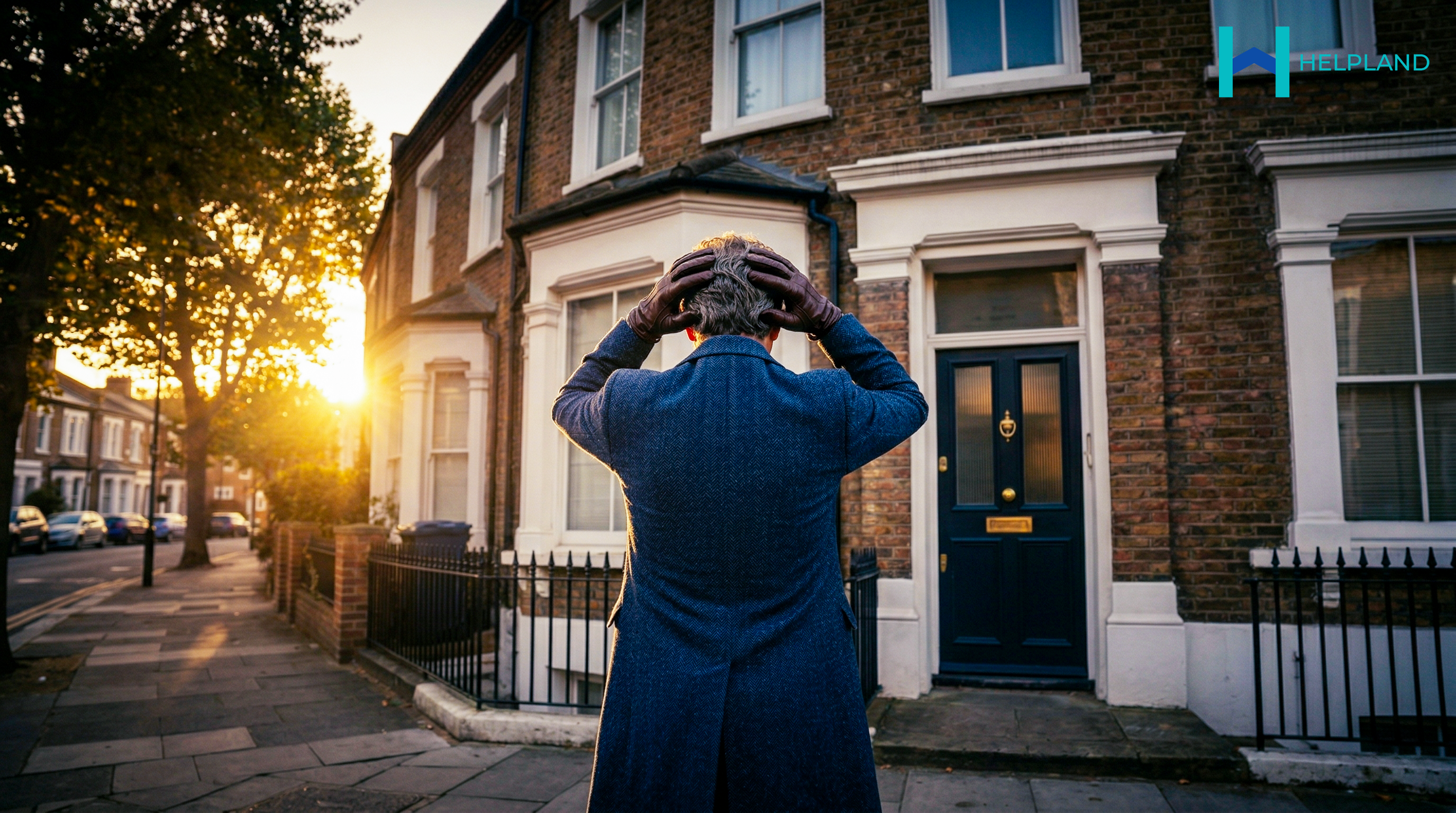 Distressed landlord in front of property